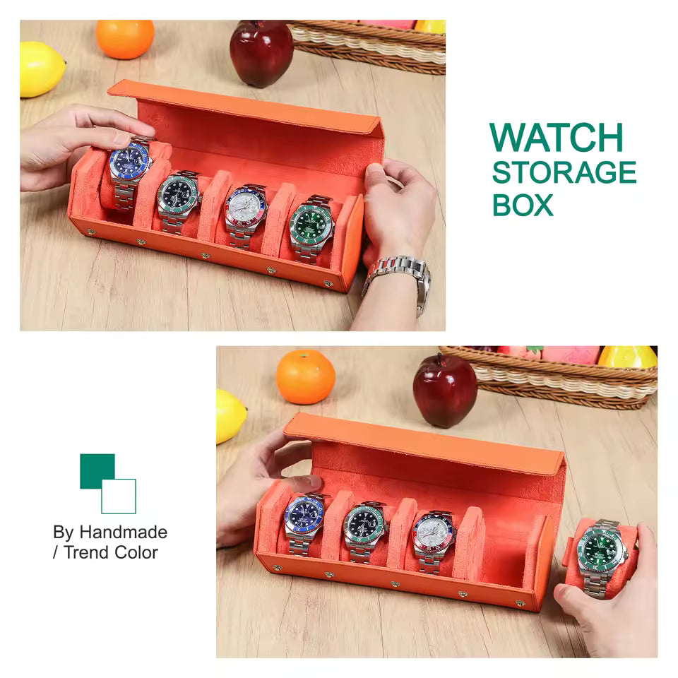 4-Slot Genuine Saffiano Leather Watch Roll Case - Portable Hexagon Watch Organizer
