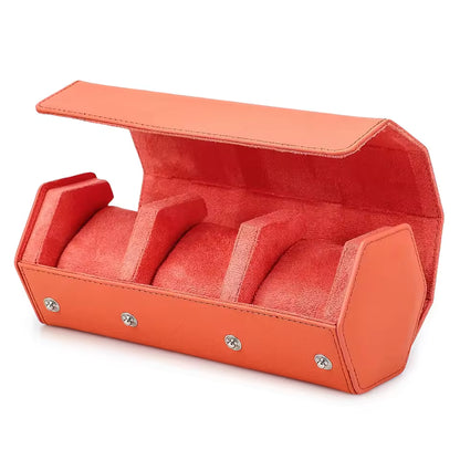 Saffiano Genuine Leather 3-Slot Watch Roll Case - Portable Hexagon Watch Storage Box