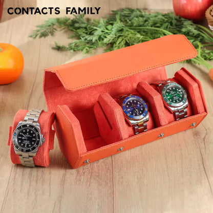 Saffiano Genuine Leather 3-Slot Watch Roll Case - Portable Hexagon Watch Storage Box