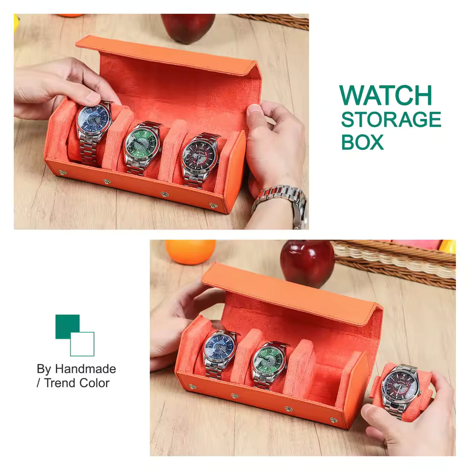 Saffiano Genuine Leather 3-Slot Watch Roll Case - Portable Hexagon Watch Storage Box