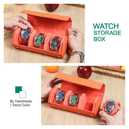 Saffiano Genuine Leather 3-Slot Watch Roll Case - Portable Hexagon Watch Storage Box
