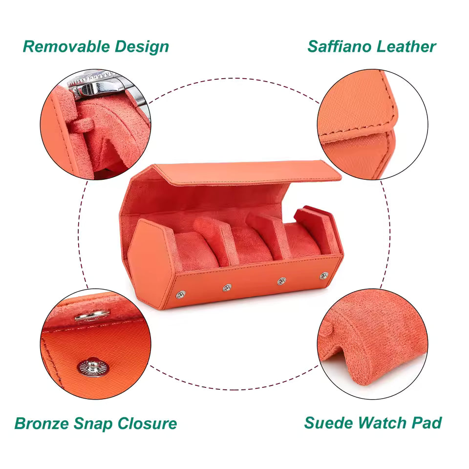 Saffiano Genuine Leather 3-Slot Watch Roll Case - Portable Hexagon Watch Storage Box