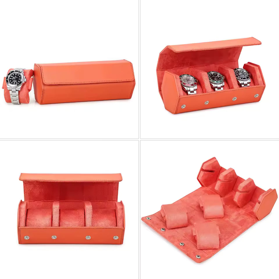 Saffiano Genuine Leather 3-Slot Watch Roll Case - Portable Hexagon Watch Storage Box