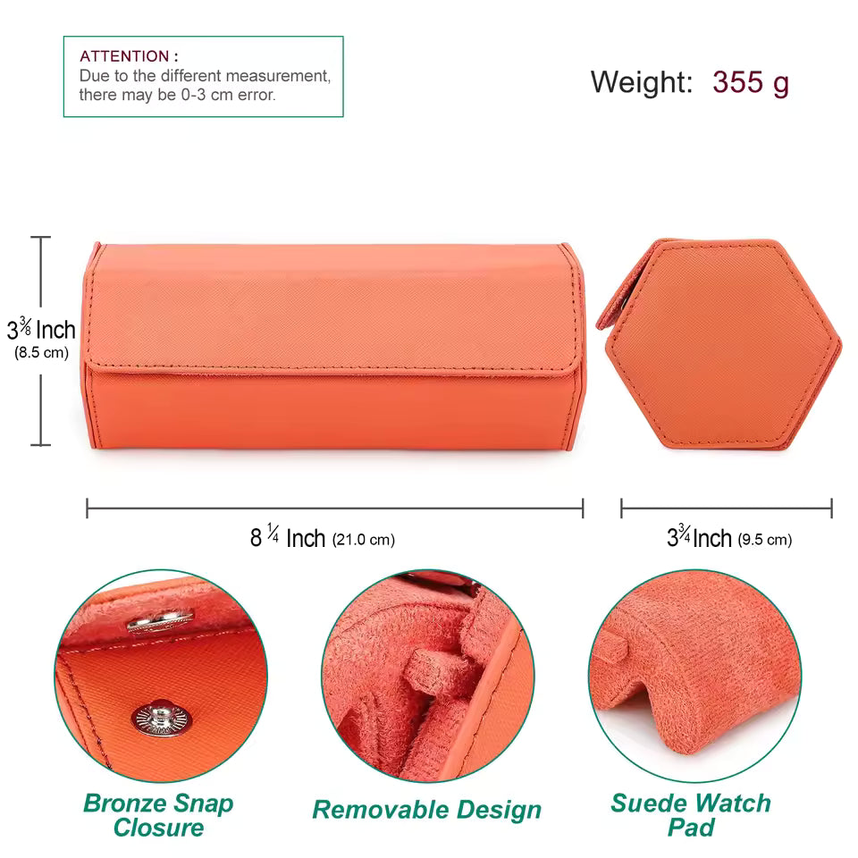 Saffiano Genuine Leather 3-Slot Watch Roll Case - Portable Hexagon Watch Storage Box