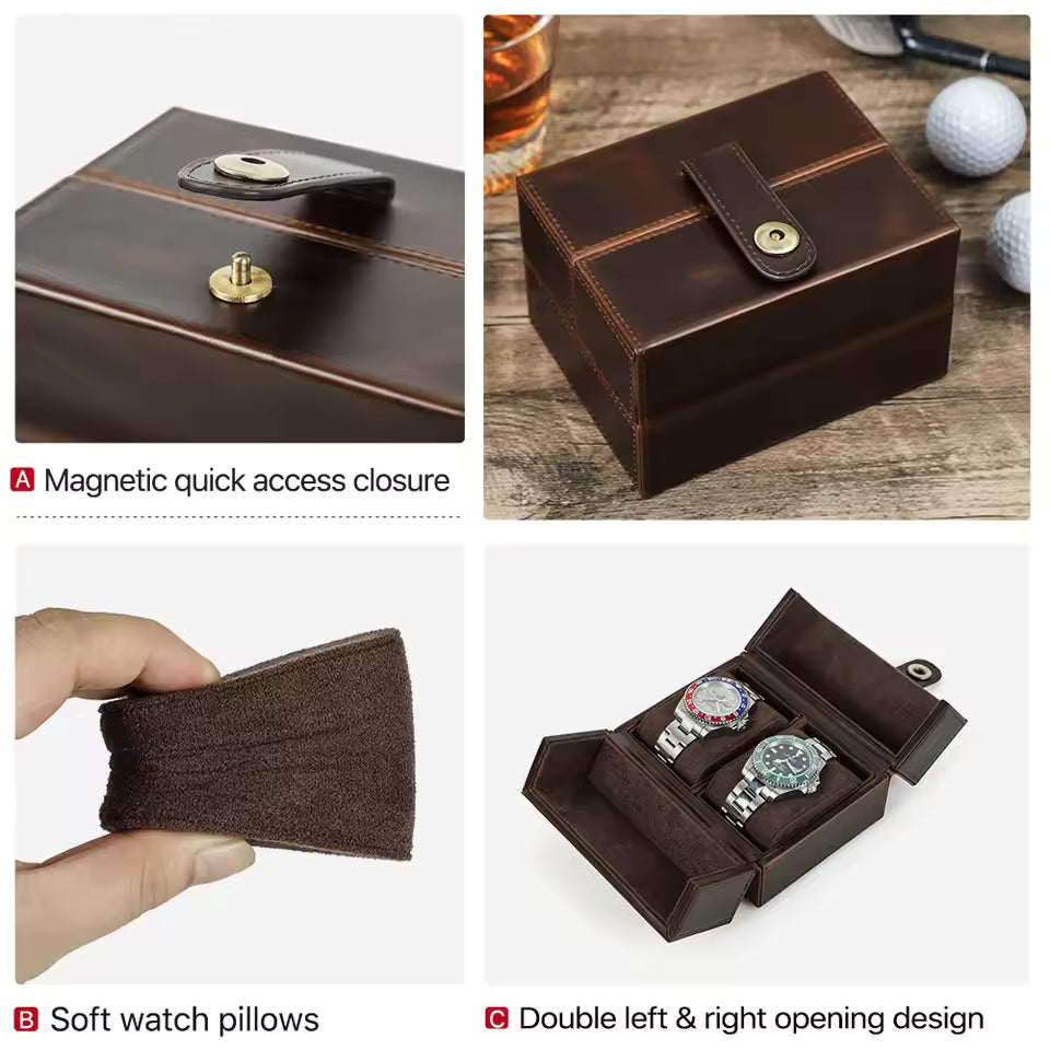 Portable Cowhide Leather 1/2 Slots Watch Box - Luxury Travel Watch Case
