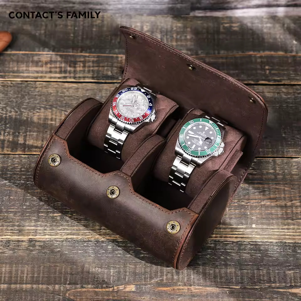 Portable Genuine Leather 2-Slot Watch Roll Case - Travel Watch Storage Organizer