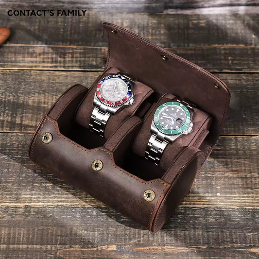 Portable Genuine Leather 2-Slot Watch Roll Case - Travel Watch Storage Organizer