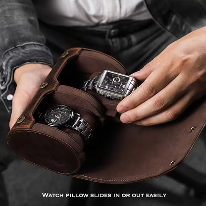 Portable Genuine Leather 2-Slot Watch Roll Case - Travel Watch Storage Organizer