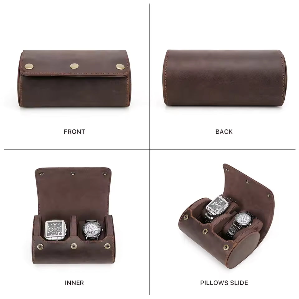 Portable Genuine Leather 2-Slot Watch Roll Case - Travel Watch Storage Organizer