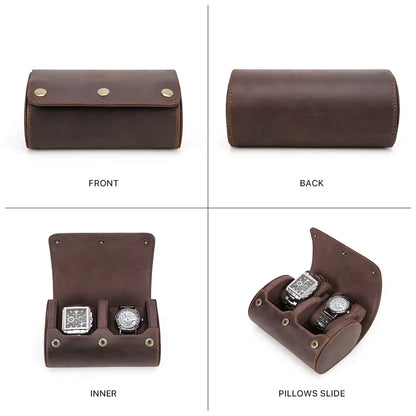 Portable Genuine Leather 2-Slot Watch Roll Case - Travel Watch Storage Organizer