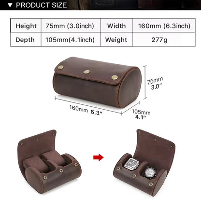Portable Genuine Leather 2-Slot Watch Roll Case - Travel Watch Storage Organizer