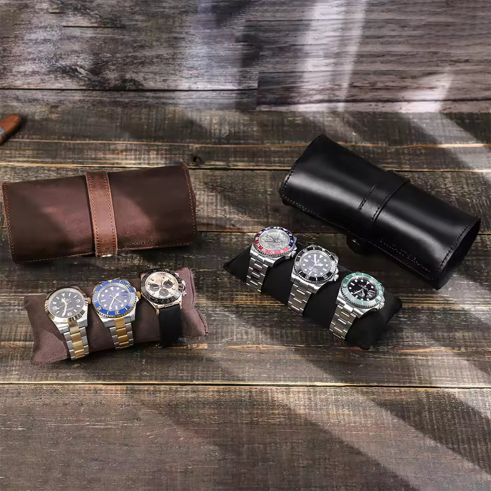 Genuine Leather 3-Slot Watch Roll Case - Portable Watch Holder Gift for Men & Women