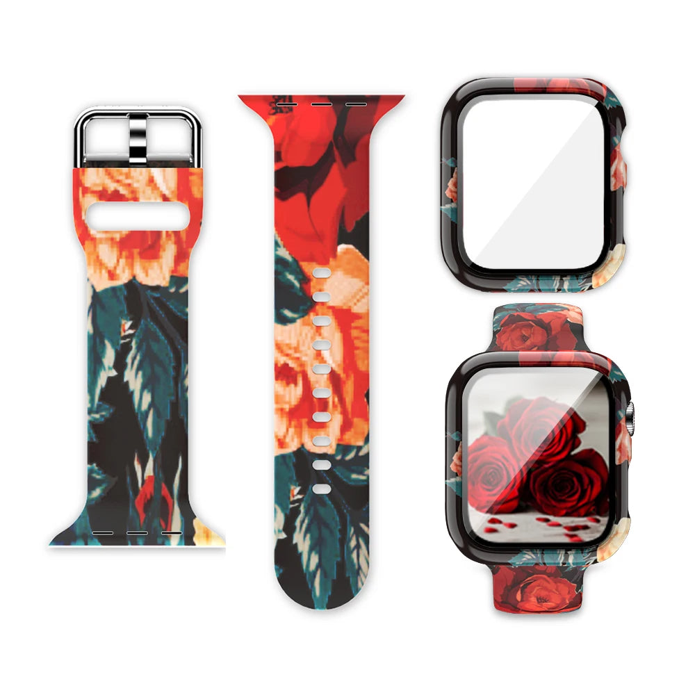 Printed Silicone Strap+Case for Apple Watch Band iWatch Series 9/8/7/6/5/4/3/SE