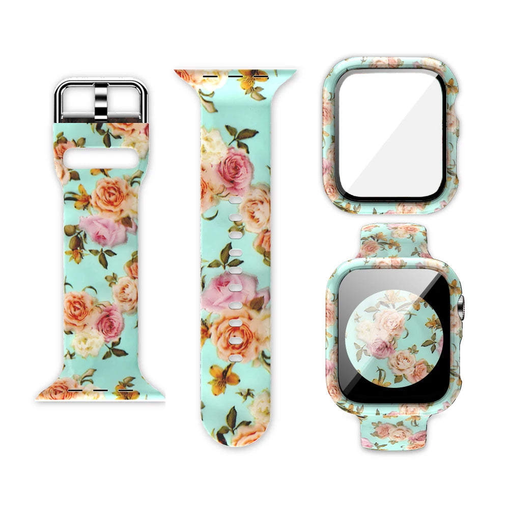 Printed Silicone Strap+Case for Apple Watch Band iWatch Series 9/8/7/6/5/4/3/SE
