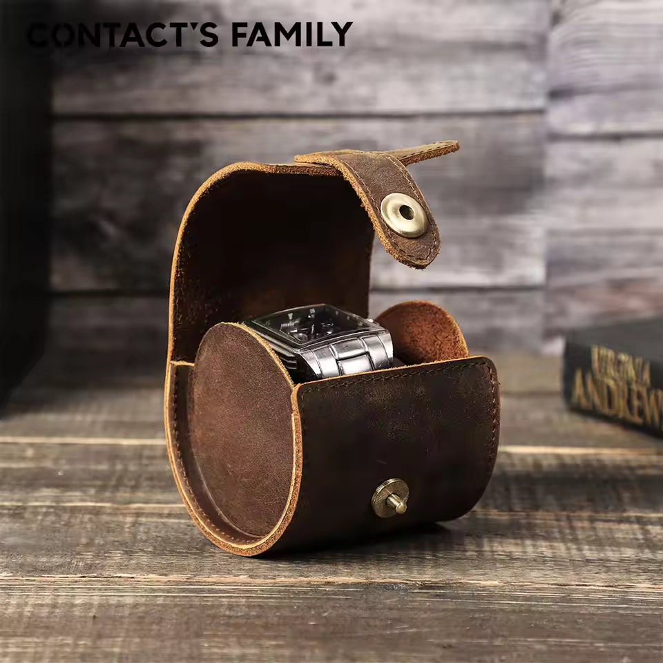 Retro Cowhide Leather Single Slot Watch Roll Case with Buckle - Watch Case Gift for Men & Women