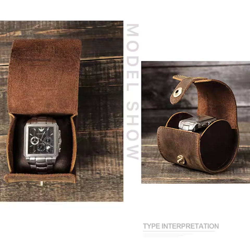 Retro Cowhide Leather Single Slot Watch Roll Case with Buckle - Watch Case Gift for Men & Women