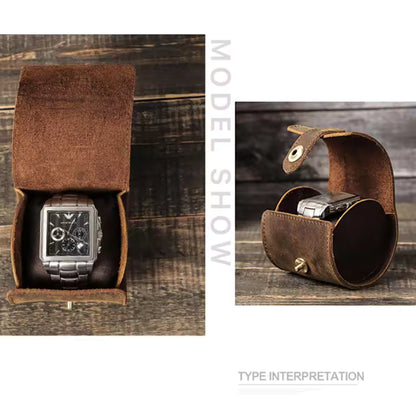 Retro Cowhide Leather Single Slot Watch Roll Case with Buckle - Watch Case Gift for Men & Women