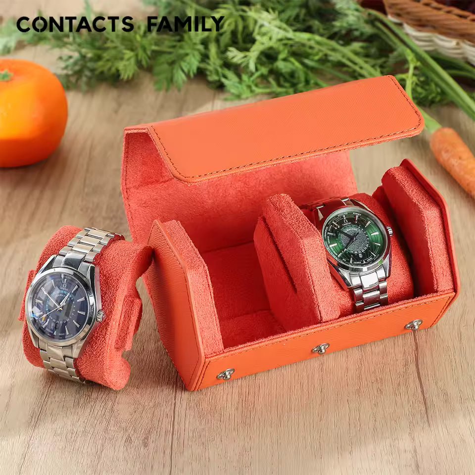 Saffiano Genuine Leather 2-Slot Watch Roll Case - Portable Hexagon Watch Storage Box