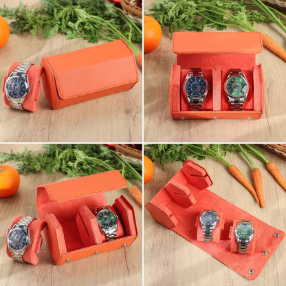 Saffiano Genuine Leather 2-Slot Watch Roll Case - Portable Hexagon Watch Storage Box
