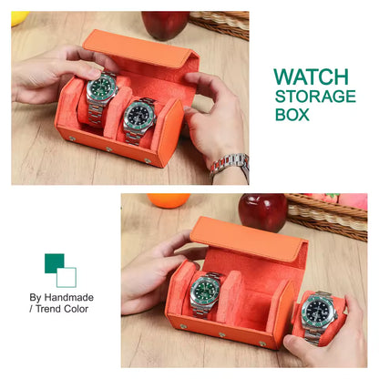 Saffiano Genuine Leather 2-Slot Watch Roll Case - Portable Hexagon Watch Storage Box