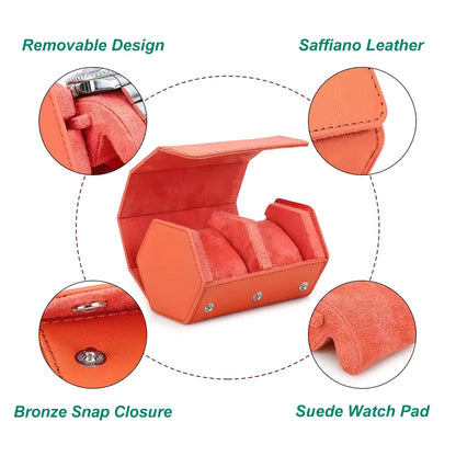 Saffiano Genuine Leather 2-Slot Watch Roll Case - Portable Hexagon Watch Storage Box