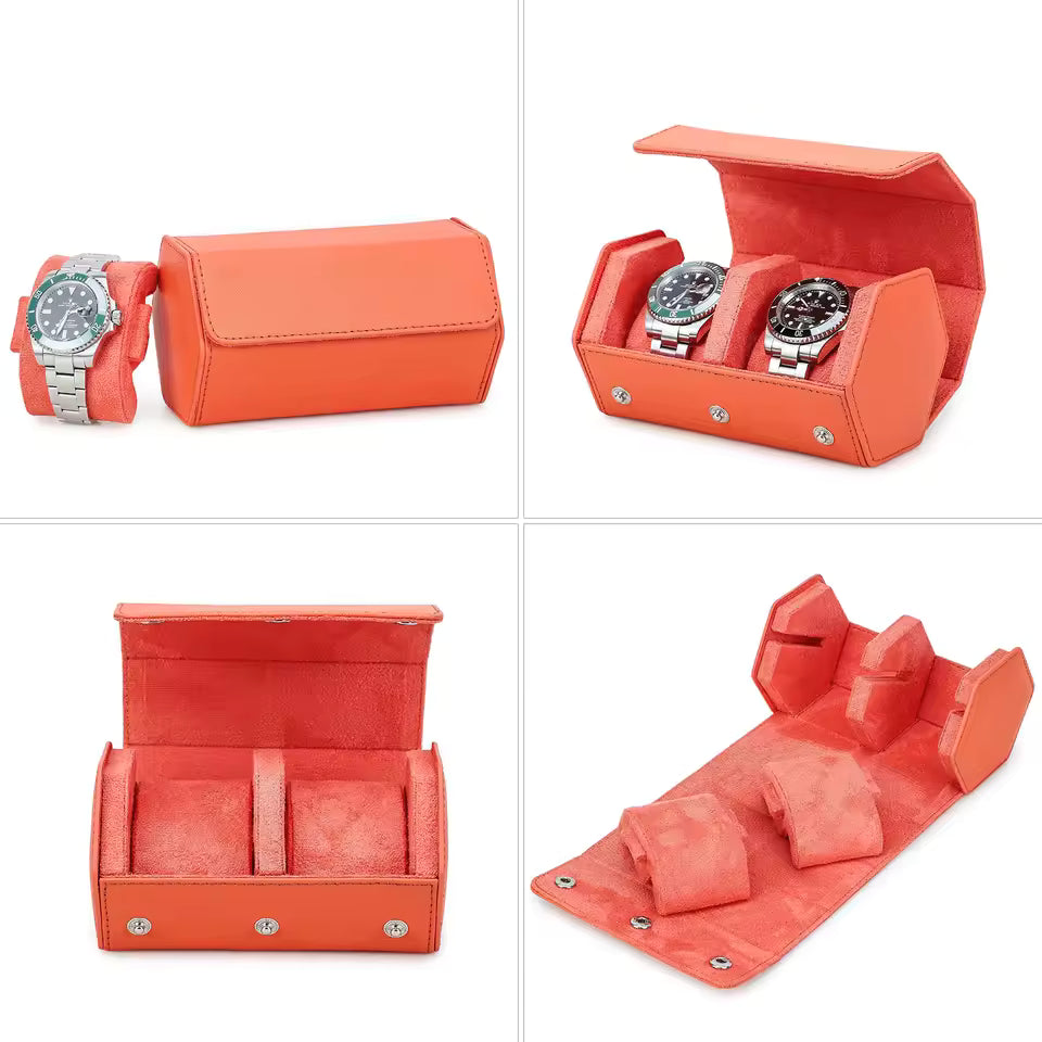 Saffiano Genuine Leather 2-Slot Watch Roll Case - Portable Hexagon Watch Storage Box