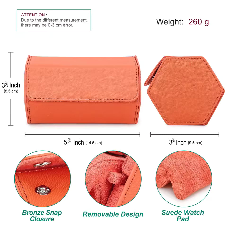 Saffiano Genuine Leather 2-Slot Watch Roll Case - Portable Hexagon Watch Storage Box