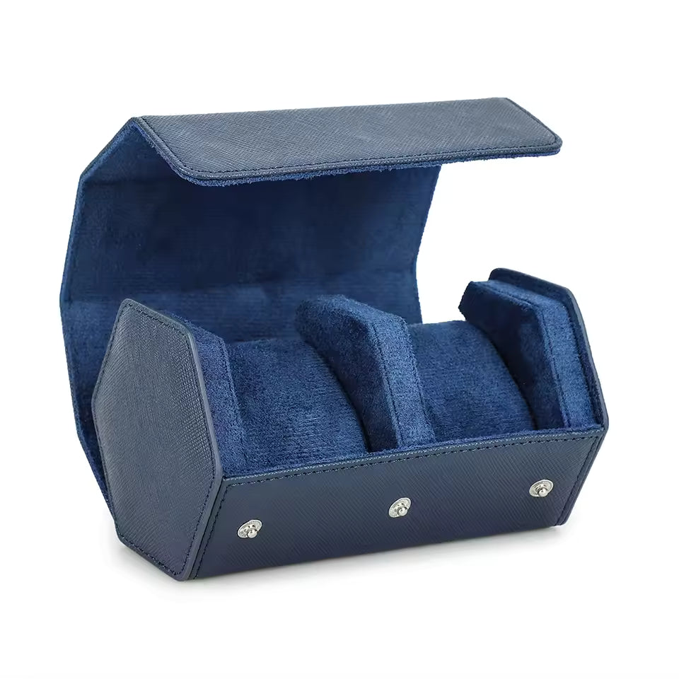 Saffiano Genuine Leather 2-Slot Watch Roll Case - Portable Hexagon Watch Storage Box
