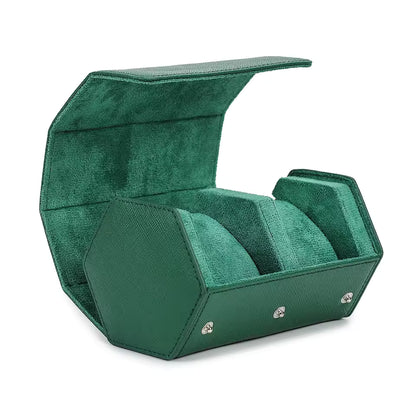 Saffiano Genuine Leather 2-Slot Watch Roll Case - Portable Hexagon Watch Storage Box