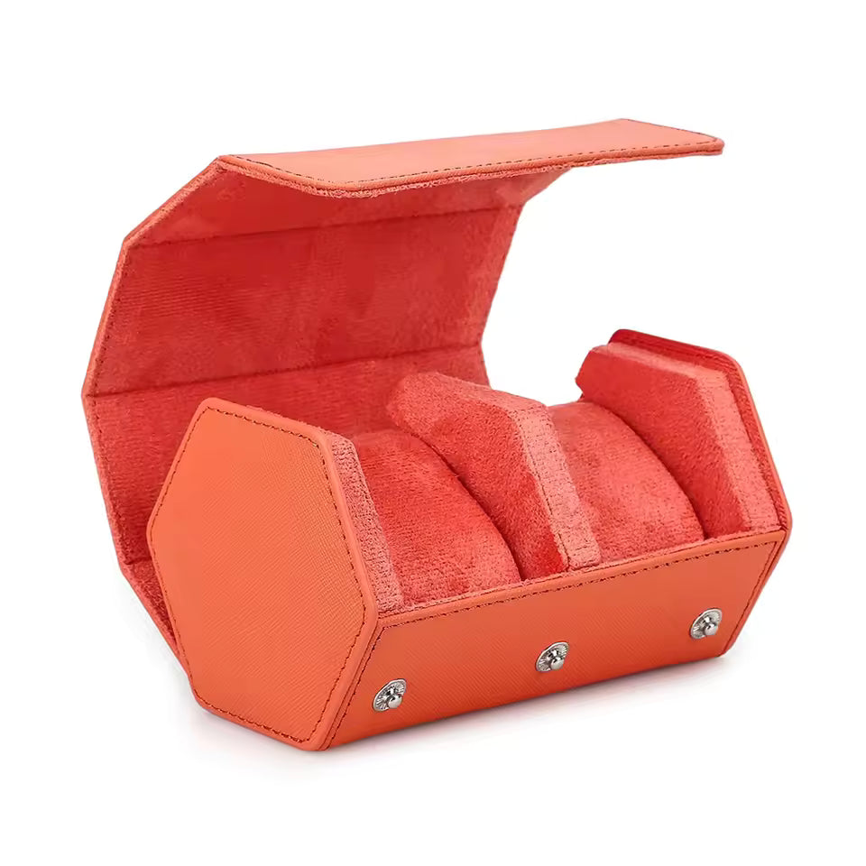 Saffiano Genuine Leather 2-Slot Watch Roll Case - Portable Hexagon Watch Storage Box