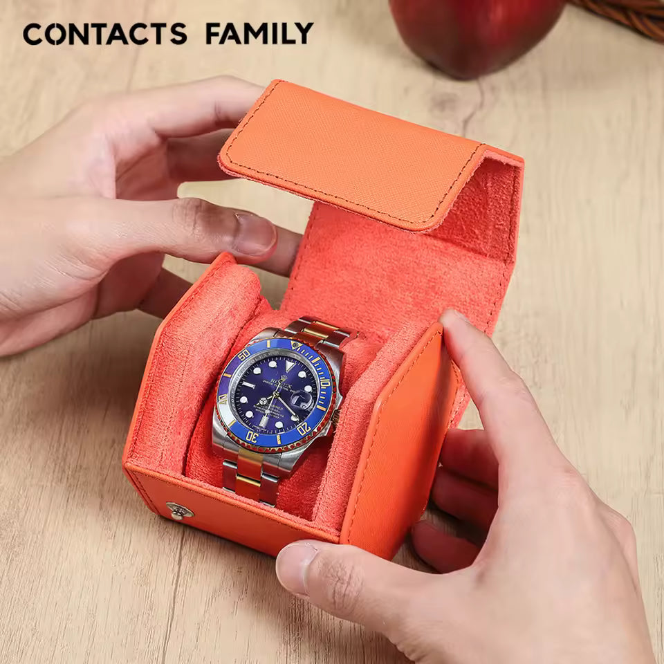 Saffiano Genuine Leather Single Slot Watch Roll Case - Hexagon Portable Watch Case
