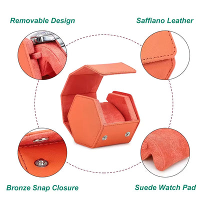 Saffiano Genuine Leather Single Slot Watch Roll Case - Hexagon Portable Watch Case