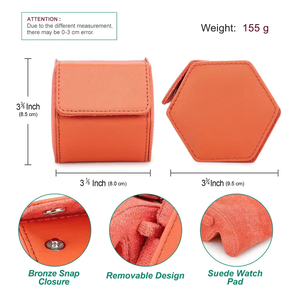 Saffiano Genuine Leather Single Slot Watch Roll Case - Hexagon Portable Watch Case