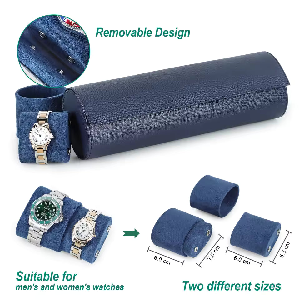 Saffiano Genuine Leather 1/2/3/4 Slots Watch Roll Case - Travel Portable Watch Case