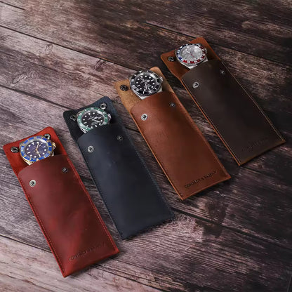 Single Slot Genuine Leather Watch Case for Men - Travel Portable Watch Pouch Holder