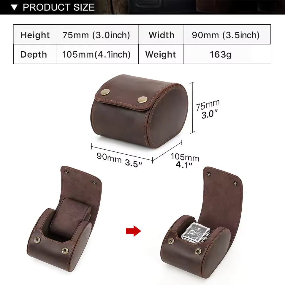 Single Slot Luxury Leather Watch Roll Case - Snap Button Closure Watch Case