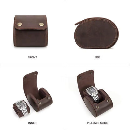 Single Slot Luxury Leather Watch Roll Case - Snap Button Closure Watch Case