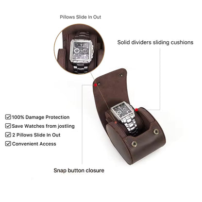 Single Slot Luxury Leather Watch Roll Case - Snap Button Closure Watch Case