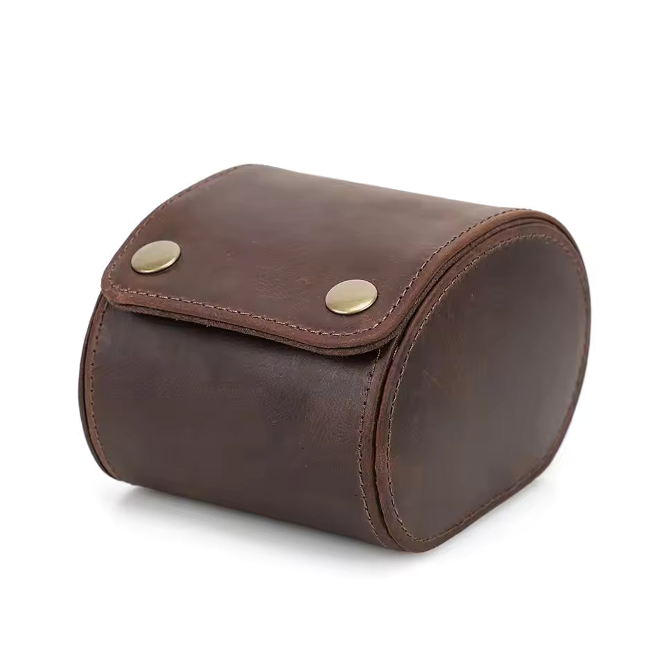 Single Slot Luxury Leather Watch Roll Case - Snap Button Closure Watch Case