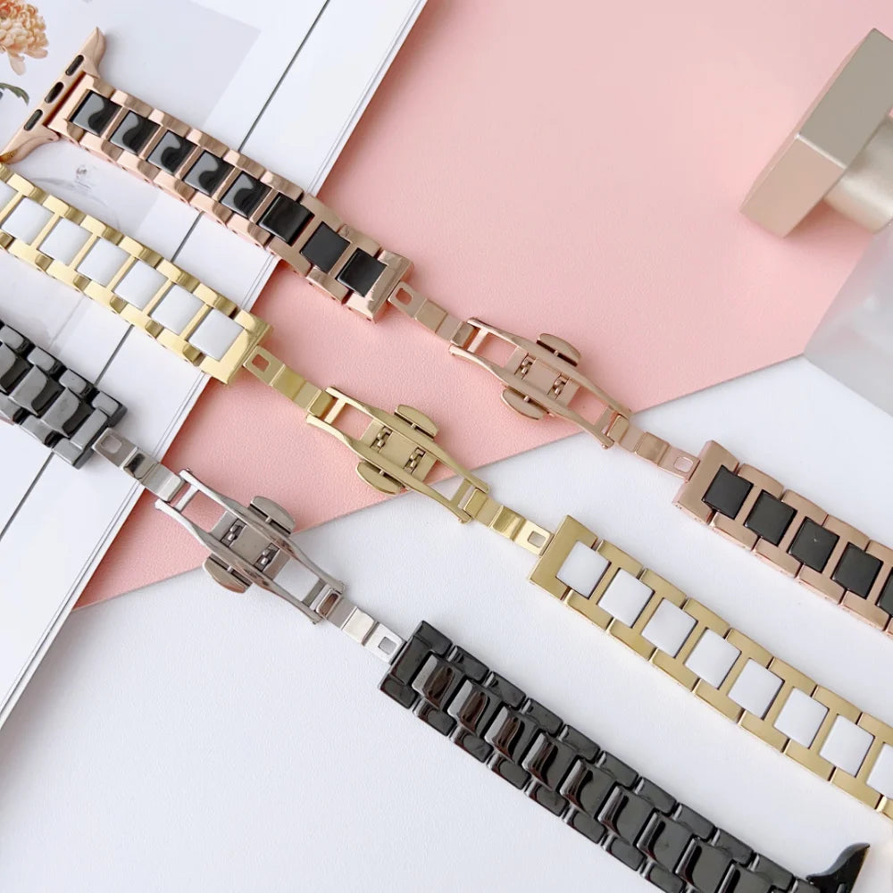 Slim Metal+Ceramic Bracelet for Apple Watch iWatch Ultra Band 49mm 46mm 44mm 40mm 45mm 41mm 42mm Series 10/9/8/7/6/5/4/SE