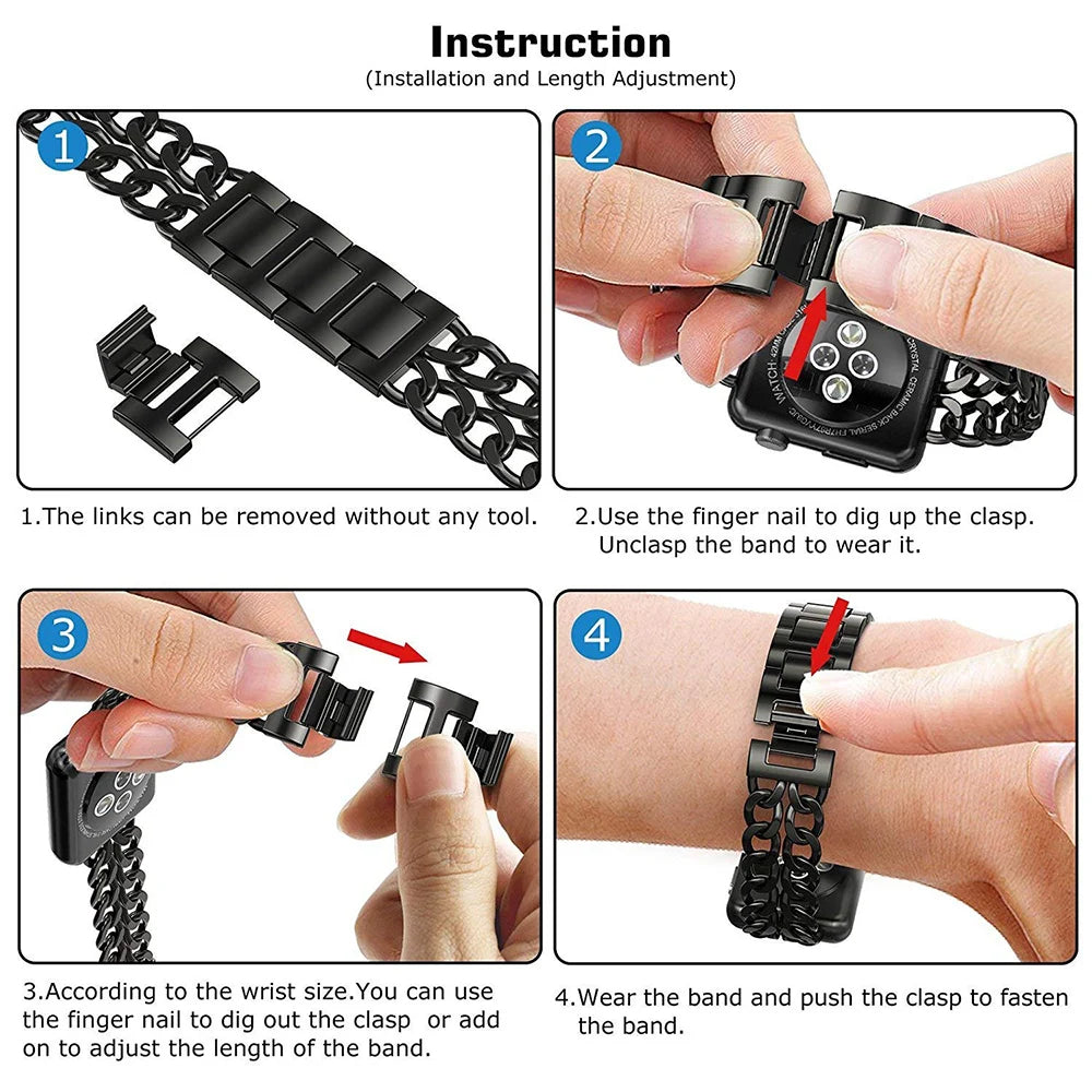 Stainless Steel Metal Links Bracelet for Apple Watch Band iWatch Series Ultra2/10/9/8/7/6/5/4/SE