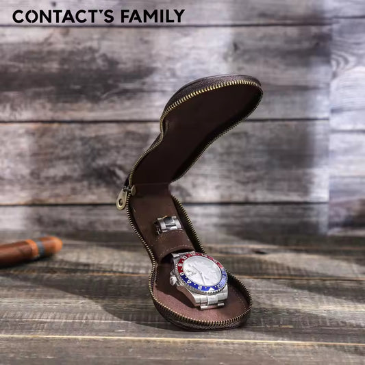 Vintage Cowhide Leather Single Slot Watch Case - Travel Portable Watch Organizer