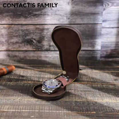 Vintage Cowhide Leather Single Slot Watch Case - Travel Portable Watch Organizer