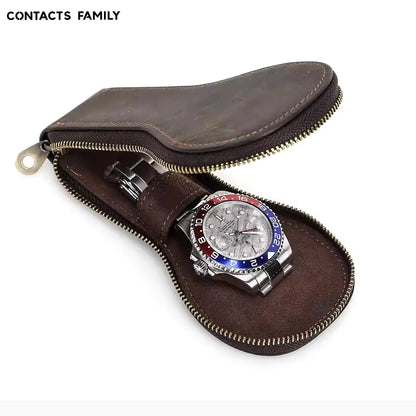 Vintage Cowhide Leather Single Slot Watch Case - Travel Portable Watch Organizer