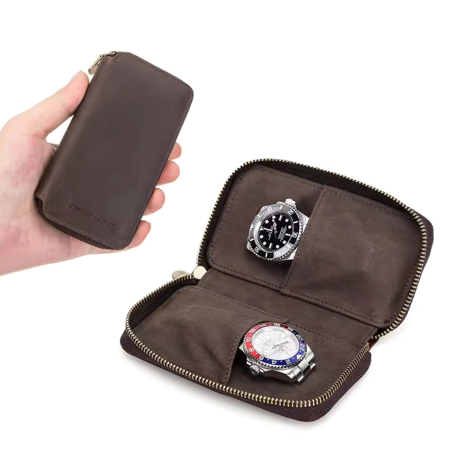 Vintage Genuine Leather 2-Slot Watch Case - Premium Portable Watch Pouch for Gift