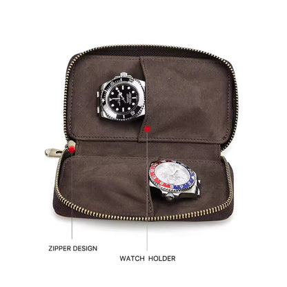 Vintage Genuine Leather 2-Slot Watch Case - Premium Portable Watch Pouch for Gift
