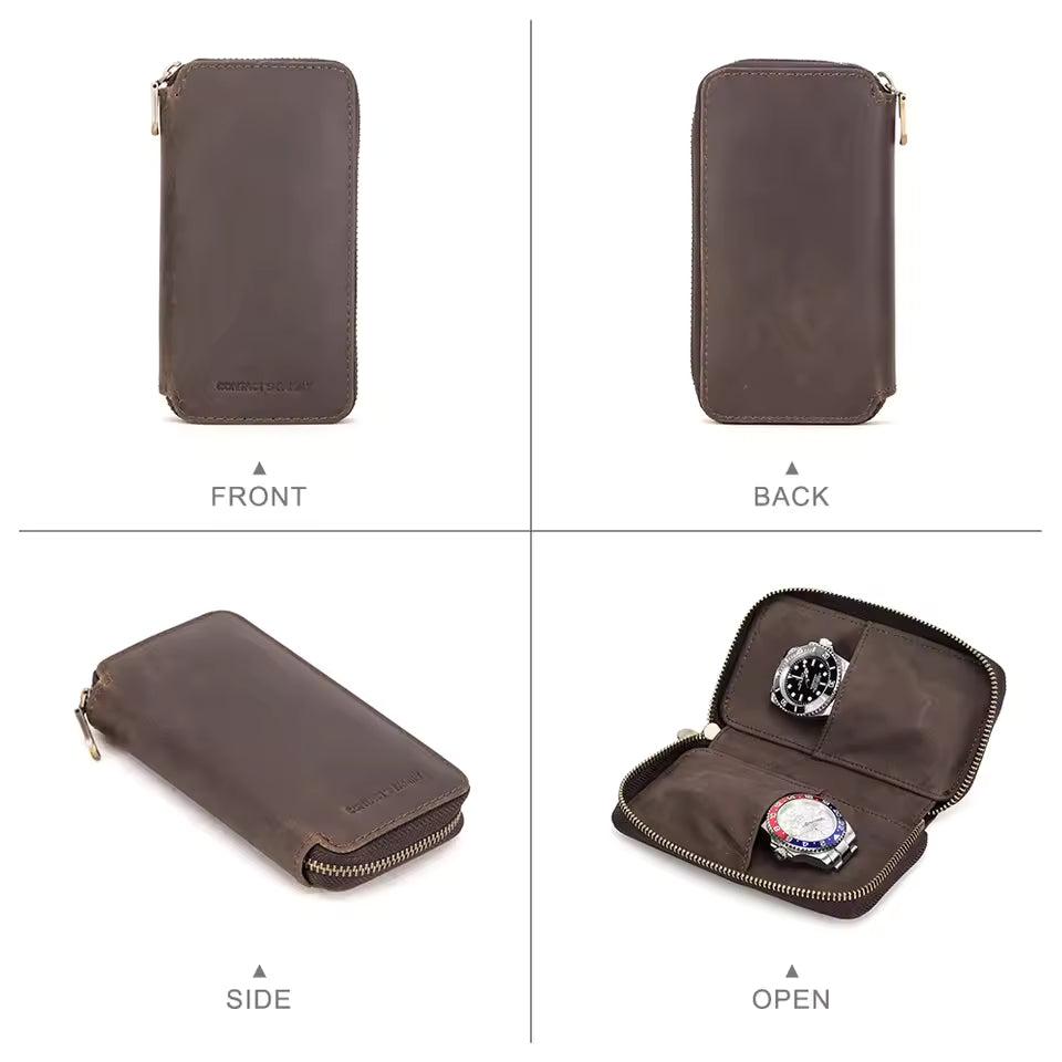 Vintage Genuine Leather 2-Slot Watch Case - Premium Portable Watch Pouch for Gift