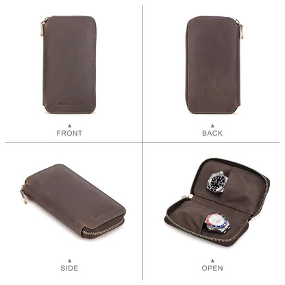 Vintage Genuine Leather 2-Slot Watch Case - Premium Portable Watch Pouch for Gift