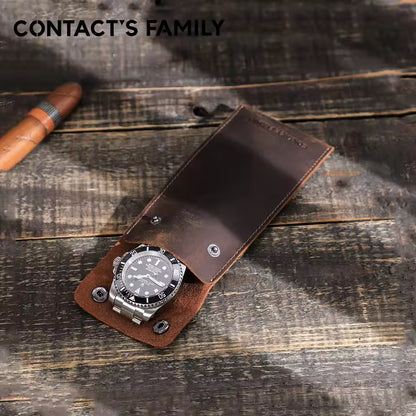 Vintage Genuine Leather Portable Single Slot Watch Case - Travel Watch Pouch