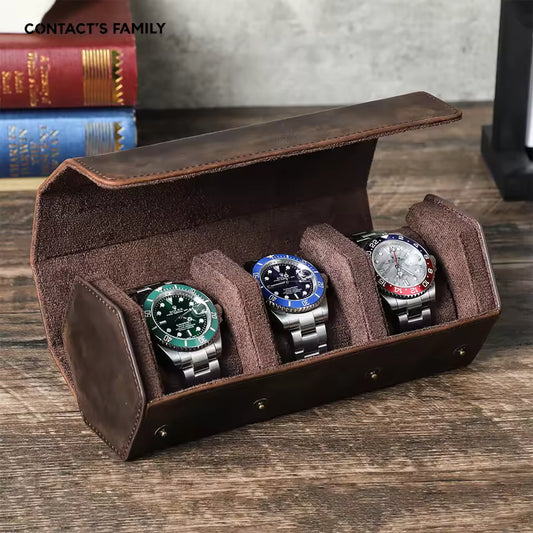Genuine Leather Hexagon 1/2/3/4 Slots Watch Roll Case - Portable Watch Case Gift for Men
